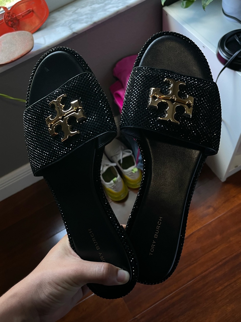 Tory Burch Black Crystal Slide Sandals with Gold Logo - Picture 2 of 4